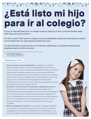 Artículo sobre preparación escolar con niña estudiante y texto "¿Está listo mi hijo para ir al colegio?
